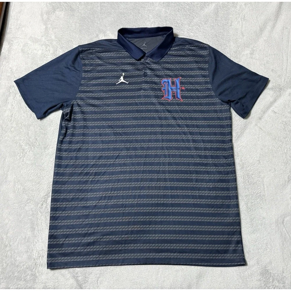 Jordan Houston Texans Polo Mens Large Navy Blue Striped Dri-FIT Shirt